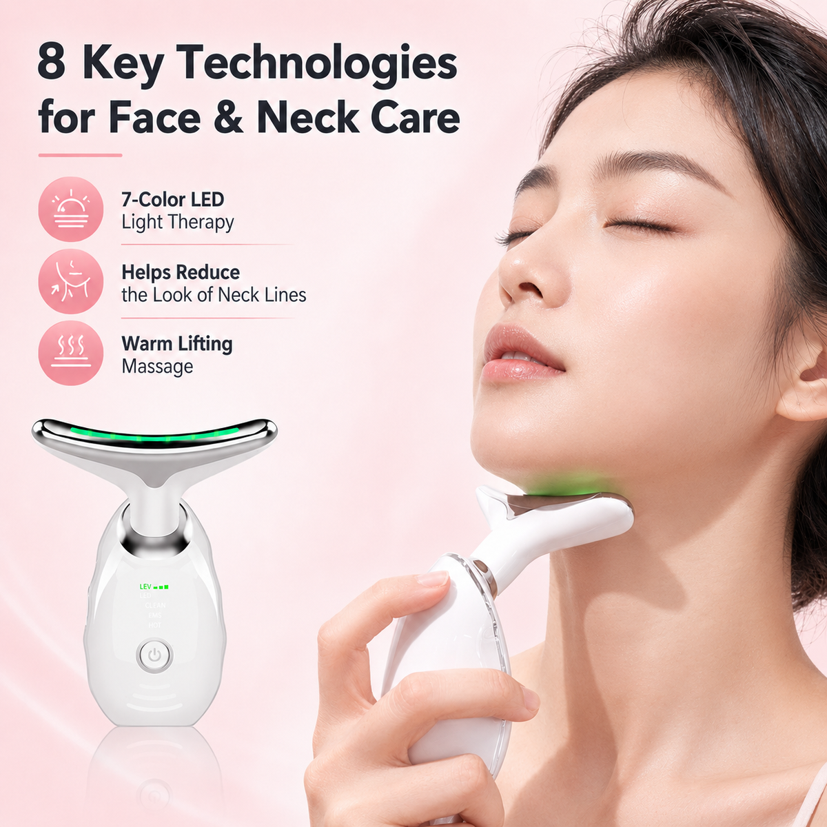 Mimié GlowLift™ 7 Color Red Light Therapy for Face and Neck, Face Massager Tool for Wrinkles & Double Chin